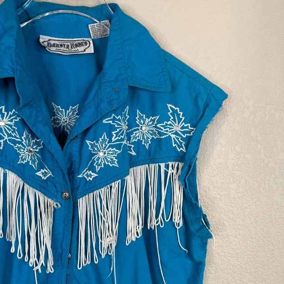 Dakota Rodeo Women Embroidered Button Down Shirt Sleeveless Blue Medium Fringe - Picture 4 of 11
